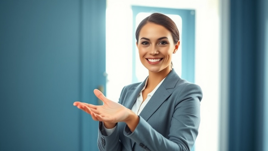Confident professional woman in business attire gestures towards an open doorway, symbolizing new possibilities.