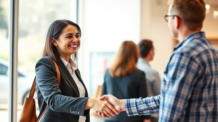 Confident business owner shakes hands with happy customer in bright storefront.