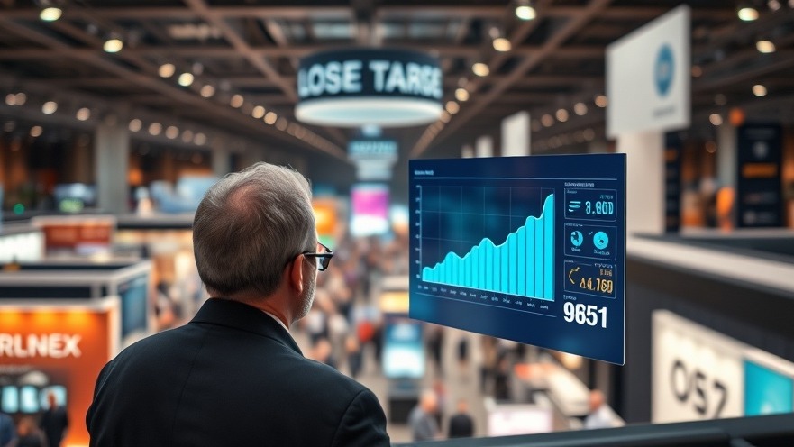 Business leader analyzing key KPI on digital dashboard in a bustling trade show.