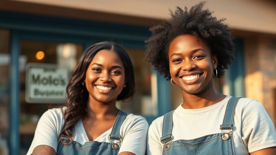 Two confident local business owners smiling proudly in front of their shop.
