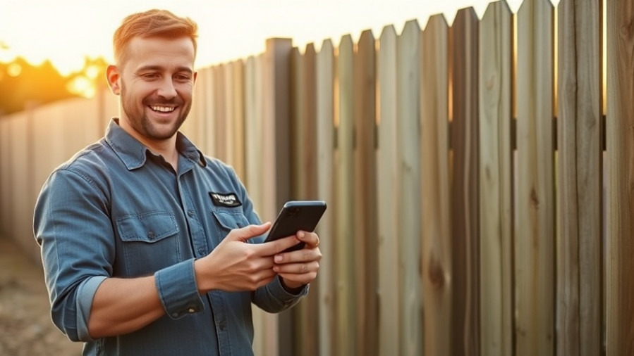 Friendly fence builder in branded attire using a smartphone at golden hour.