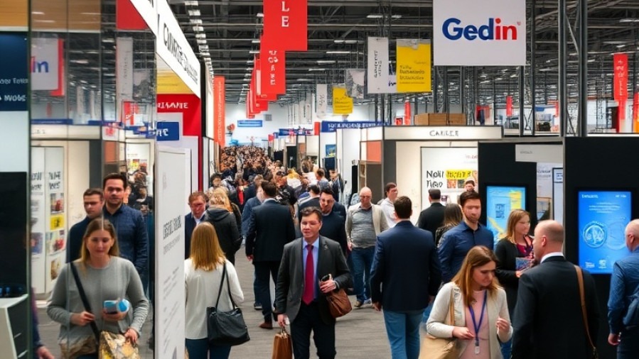 Busy attendees at a global trade show networking and exploring exhibits.