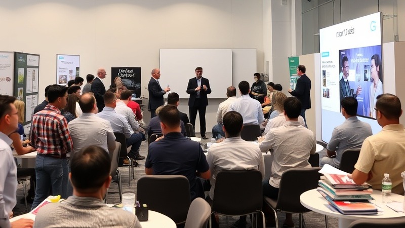 Training room with exhibitors engaging in a group discussion.