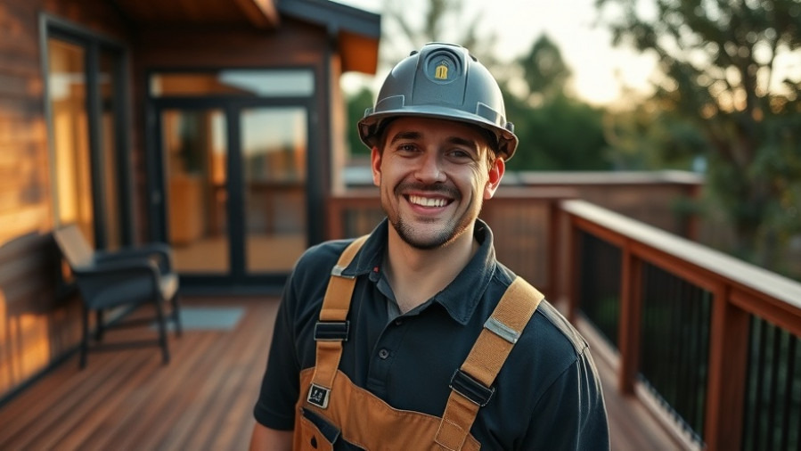 Smiling deck builder with a finished wooden deck at sunset.