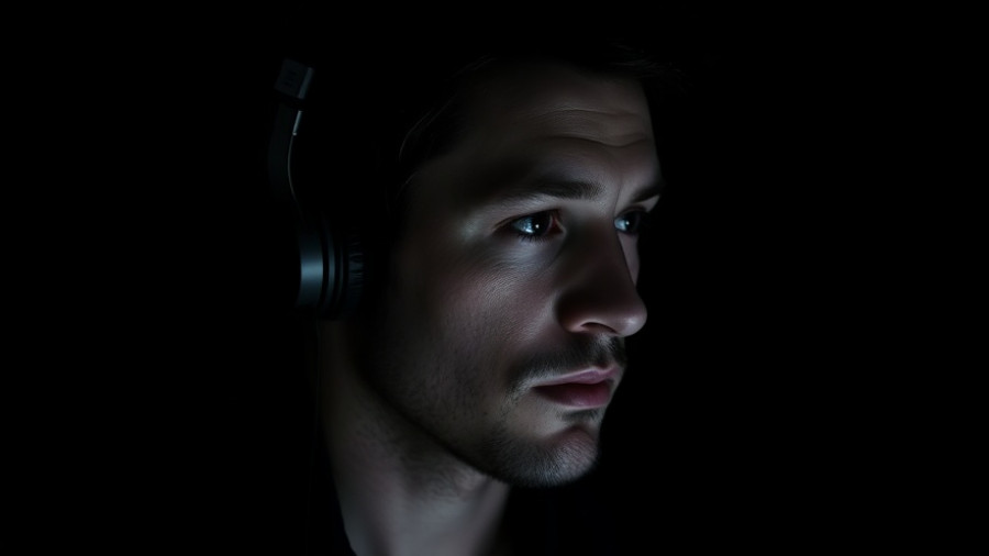 Brave enough to begin - moody portrait with headphones, dark background.