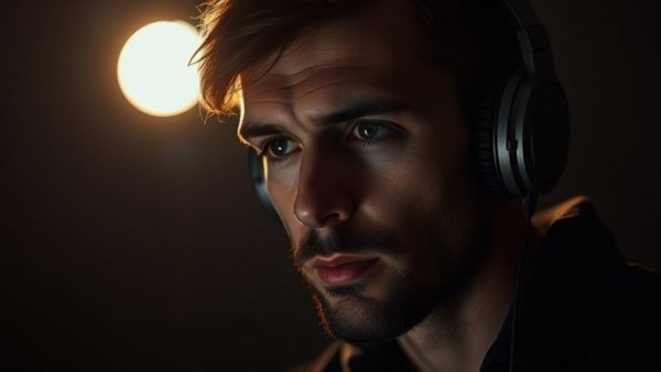Portrait of a man with headphones, contemplative mood, dark theme.