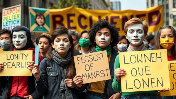 Activists wearing masks protest environmental issues in urban setting.