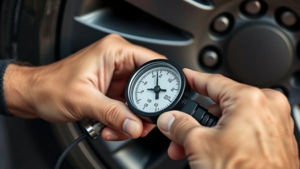 Close-up of tire pressure gauge in use on car wheel.