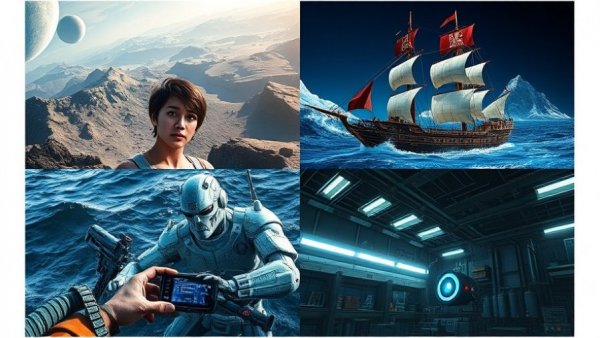 Video game montage with space, medieval, pixel art, and factory themes.