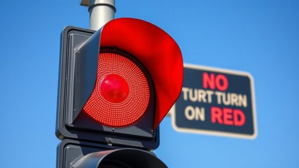 Traffic light with red light and 'No Turn On Red' sign, red light laws.