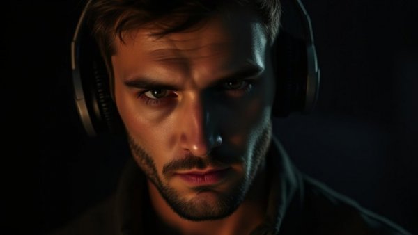 Moody portrait of a man with headphones, focused expression.