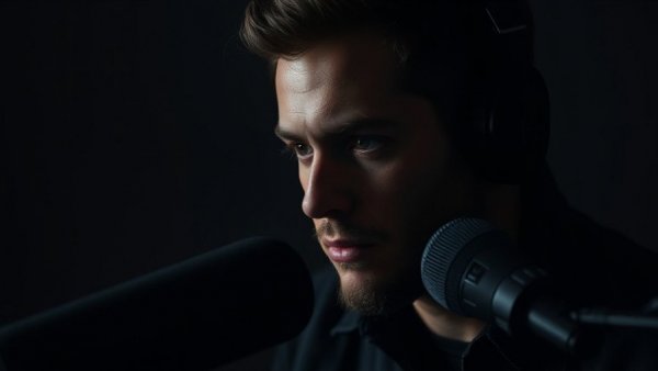 Man recording Motivational Speeches for Success podcast with focus and intensity.