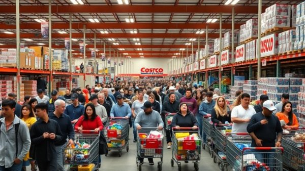 Busy Costco with diverse shoppers and filled carts, showcasing vibrant DIY supplies.