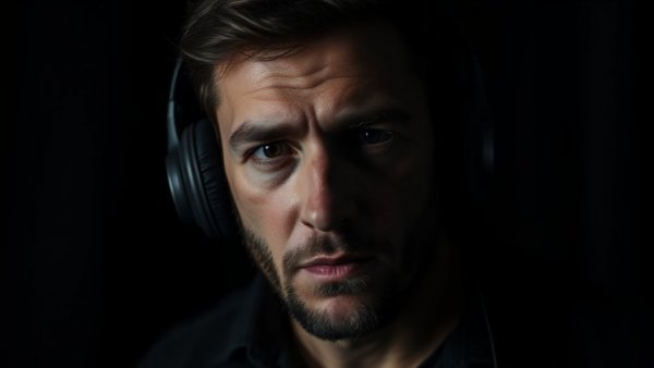 Introspective man listening to a podcast in dim light, reflecting on the life you promised to yourself.