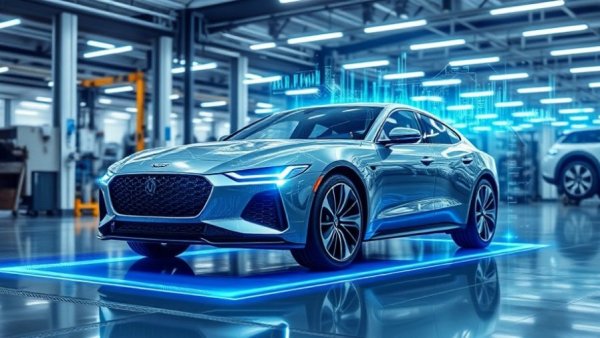 AI-Powered Digital Twins in Manufacturing: futuristic holographic car overlay in factory.