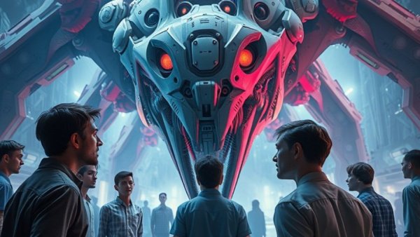 Surreal image showing humans and a mechanical creature in a digital world.