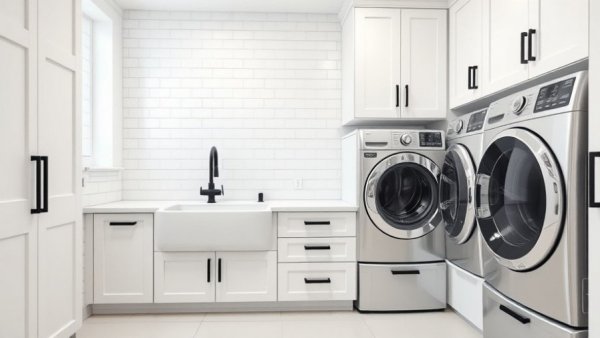 Modern affordable laundry room upgrades with sleek black appliances.