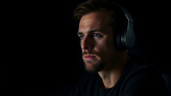 Pensive man with headphones in dark studio, motivational theme.