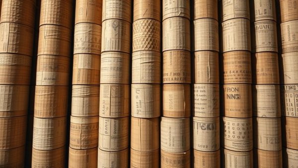 Detailed view of recycled cardboard cylinders in construction pattern.