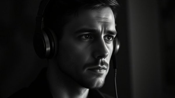 Moody portrait of a man listening intently with headphones, authentic empowerment theme.
