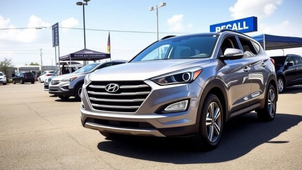 Hyundai SUV with recall sign at dealership during sunny day.