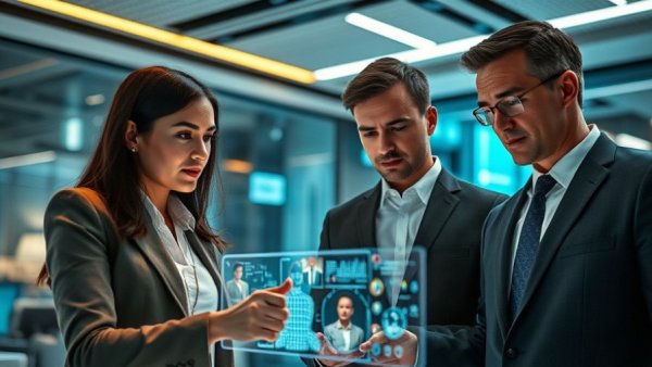 Corporate team evaluating digital hologram in modern office, highlighting internet marketing mistakes.