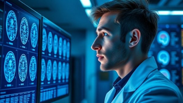Scientist analyzing brain scans in futuristic lab - AI turns thoughts into clear words.