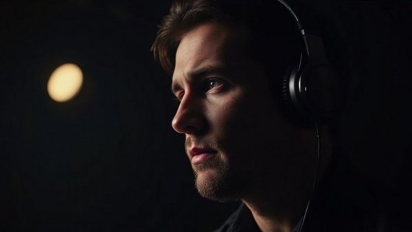 Moody portrait of a man with headphones on in a dark setting, conveying deep thought.