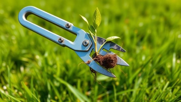 Fiskars weed puller gripping plant roots in sunny garden.