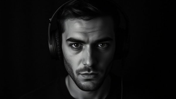 Monochromatic portrait highlighting intense focus, conveying transformative pressures.