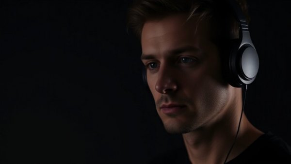 Moody portrait with headphones for New Year motivation.