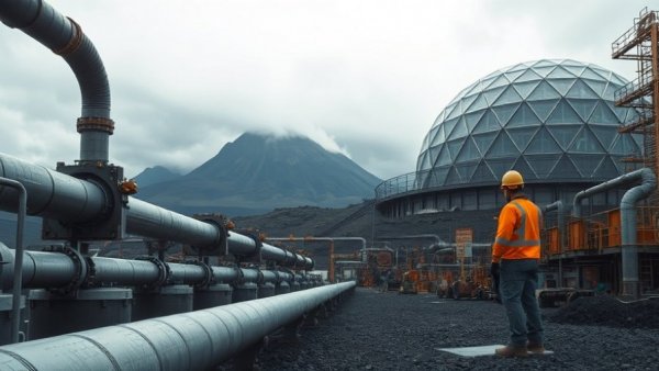 Industrial scene in Kenya's Great Carbon Valley, featuring pipes and a dome.