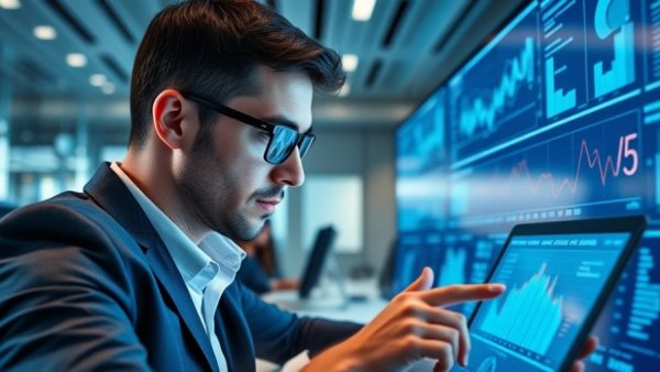 Futuristic office setting with AI-driven data analysis in 2026.