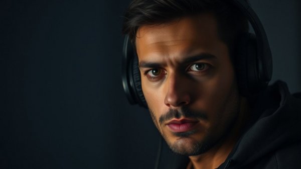 Podcast host thriving under pressure in a moody, dark setting.