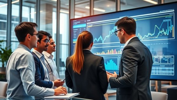 Team discussing AI SEO strategy with digital graphs in office.