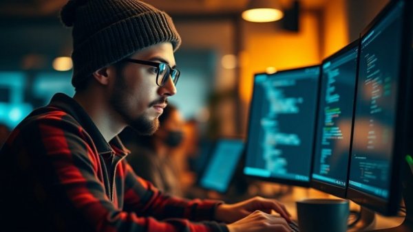 Generative AI future in office setting with young man coding.