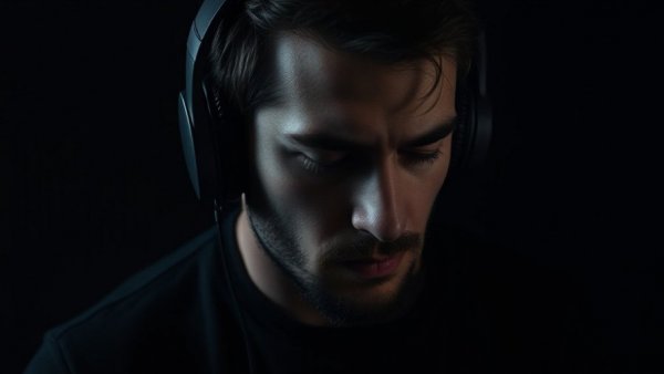 Introspective portrait of a focused man in headphones, dark setting.