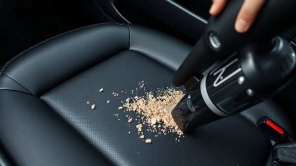 Cleaning crumbs from black leather car seat with vacuum cleaner.