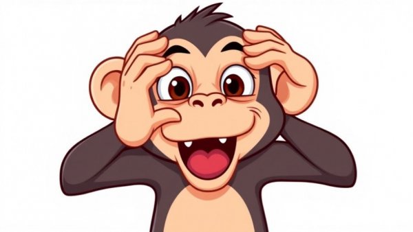 Playful cartoon monkey covering eyes in surprise, vibrant colors.