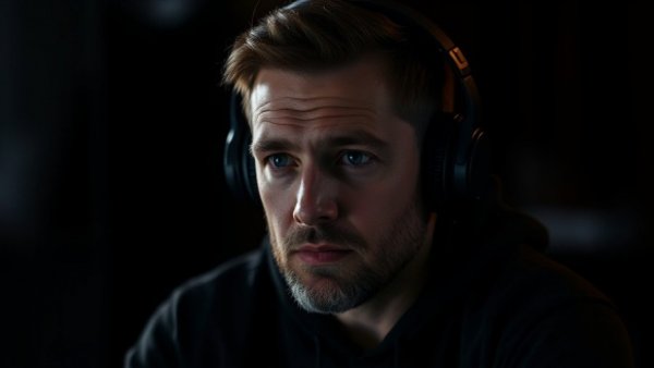 Moody podcast studio with contemplative man embracing 'Change Your Thoughts Change Your Life'.