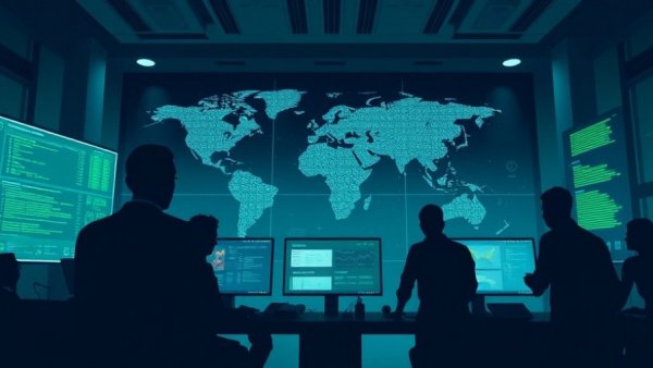 Abstract office scene with digital espionage and climate technology theme.