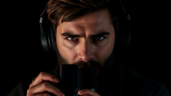 Male podcaster focused, dramatic lighting, Focus and Personal Growth in 2026.