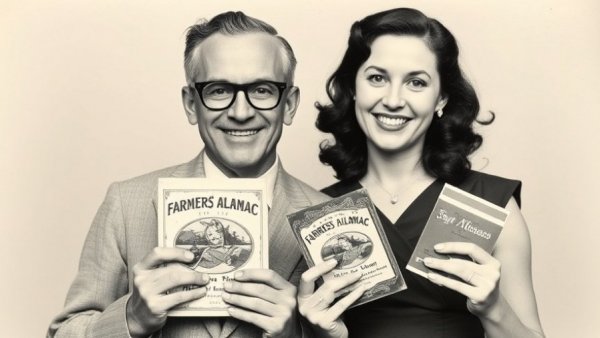 Smiling couple with 1968 Farmers’ Almanac, nostalgic ambiance