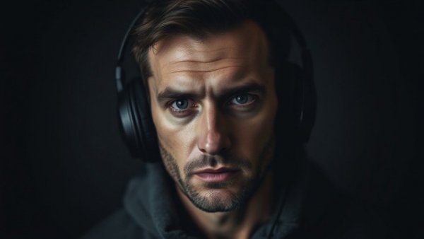 Moody portrait of man with headphones, dark background.