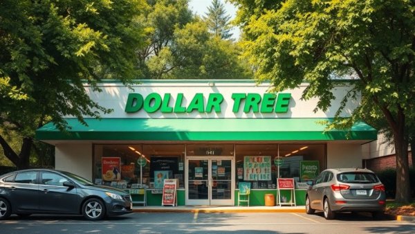 Front of a Dollar Tree store with cars, highlighting the store entrance, natural daylight.