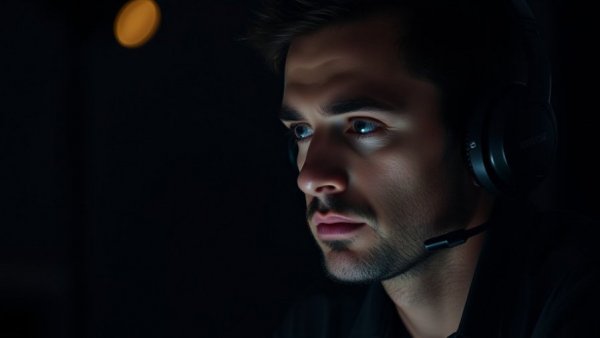 Focused man podcasting in a dark setting, showing up in adversity.