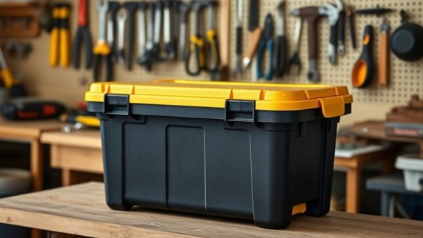 DIY tote storage rack idea with HDX container on workbench.