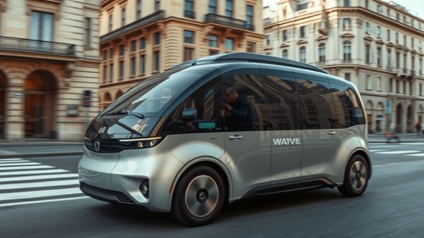 Wayve vehicle in motion near historical landmarks, showcasing innovation.