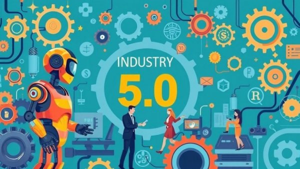 AI and Industry 5.0 transformation illustration with robots and humans collaborating.