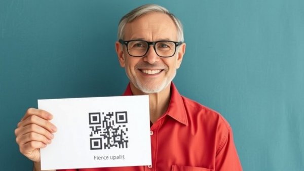 Older man with a QR code sign, vibrant teal background, AI vulnerabilities management